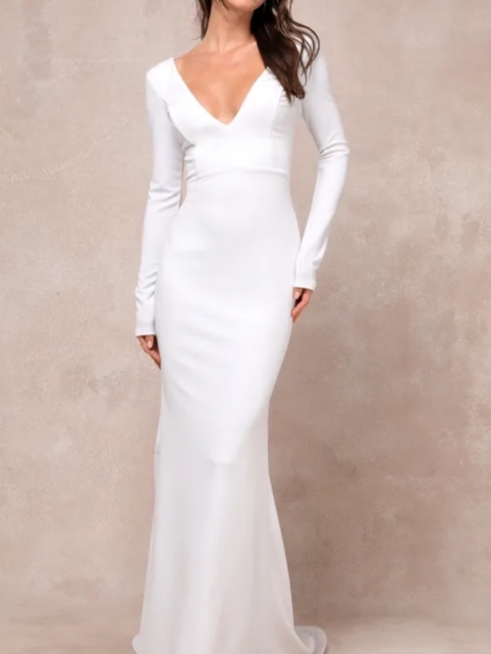 New Lulus Extravagant Long Sleeve White V-Neck Maxi Dress W/ open back Sz Large